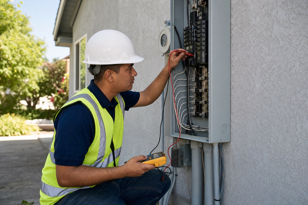 Licensed technician inspecting a residential electrical panel