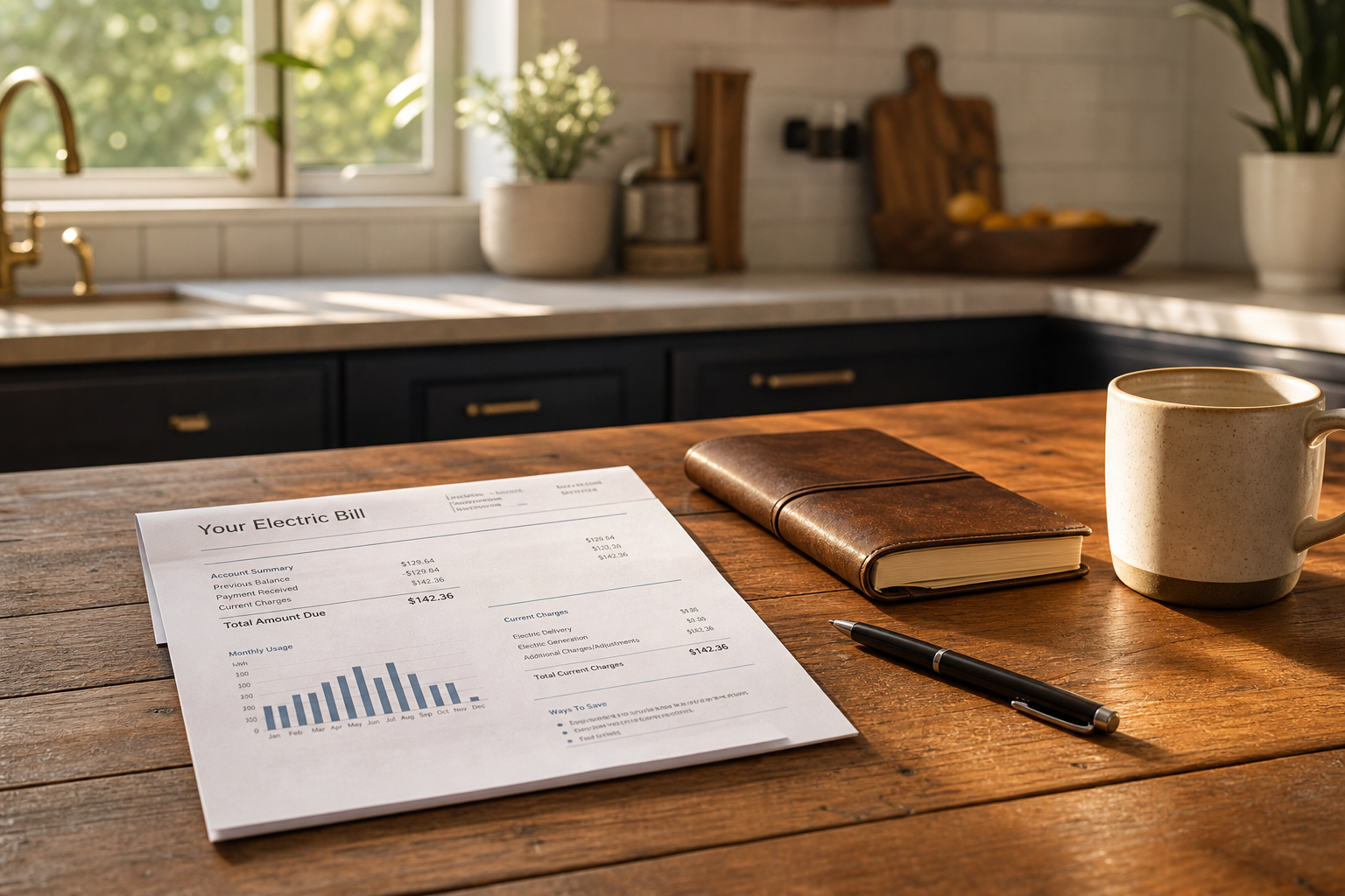 A printed electric bill, a leather notebook, a pen, and a coffee mug set out neatly on a sunlit kitchen counter